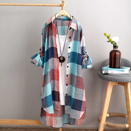 Shirt women's mid-length 2022 new summer dress large size women's clothing loose and thin fashion plaid women's sun protection clothing - ModaDime